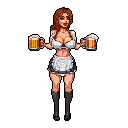 A confident pixel art server, styled in a revealing Oktoberfest outfit, holds two frothy mugs of beer. Her cheerful expression and inviting posture make her a standout subject.