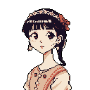 This pixel art portrait features a young woman with a tiara and gentle expression. Her muted, warm-toned design and simple details evoke a nostalgic and serene feeling.