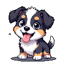 A cheerful pixel art puppy with bright eyes and a wide grin sits against a stark black backdrop, radiating cuteness and energy. The black, white, and tan pup's expressive face and relaxed pose create an overwhelmingly friendly vibe.