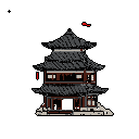 This pixel art showcases a multi-tiered pagoda silhouetted against black, its dark brown and gray tones accented by small pops of red. The building's intricate tile details and irregular base suggest a historical and somewhat mysterious atmosphere.