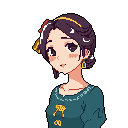 This pixel art portrait features a demure young woman with dark brown hair and eyes, adorned with purple and gold accessories, gazing thoughtfully upward. She wears a teal garment with a yellow bow, her subtle blush and golden earring adding to her quiet elegance. The black background keeps the focus on her gentle features and nostalgic charm.