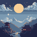Under a luminous full moon, pixelated temples stand peacefully on rocky cliffs beside a winding river. This serene nocturnal landscape evokes tranquility with its cool colors and majestic mountain backdrop.