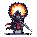 A heavily armored knight stands ready for battle, sword in hand, against a backdrop of fiery energy. The pixel art conveys a sense of formidable power and dramatic intensity.
