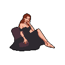This pixel art portrait captures a woman in a dark dress, seated with an air of elegance and mystery against a stark black background. Her pose and expression hint at a thoughtful or alluring personality, reminiscent of a retro film noir character.
