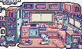 A cozy pixel art scene features a relaxed, white dog-like character sitting on the floor, seemingly engrossed with a small device. The image exudes a sense of quiet comfort and domestic tranquility.