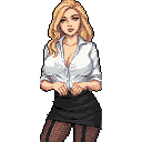 This pixel art portrait captures a confident woman with a slight smirk, adjusting her mini-skirt and fishnet stockings. Her relaxed yet alluring pose, set against a stark black background, draws focus to her subtle expression and detailed attire.