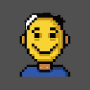 This pixel art image features a cheerful, yellow-skinned avatar with dark hair, smiling broadly with closed eyes against a grey background. The simple design and bright colors create a friendly and nostalgic vibe.