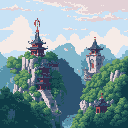 Pixel art showcases serene East Asian temples nestled amongst misty mountains. The tiered structures, accented in red, evoke a sense of ancient tranquility and harmonious integration with nature. The detailed landscape and architecture create a nostalgic and peaceful atmosphere.