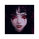This pixel art portrait captures a striking vampire with piercing red eyes and blood-stained hair, her solemn gaze creating an intense and unsettling connection. The close-up focuses on her fangs and pale skin, emphasizing her dark, gothic allure against a stark black backdrop.