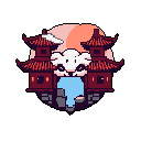 A serene pixel art image features a cute, white creature holding a flowing blue garment before symmetrical Asian-inspired temples. A soft, pastel-colored sun or moon rises behind the temples, creating a tranquil and slightly mysterious scene.