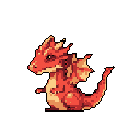 This pixel art image features a cute, red, chibi-style dragon against a stark black background. The small creature, with its bright eye and folded wings, exudes a charming and playful vibe.