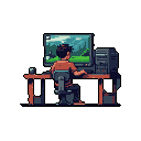 A pixel art image captures a young man engrossed in his computer, illuminated by the vibrant screen depicting a pixelated landscape. The scene evokes a sense of focused activity and quiet immersion in the digital world.