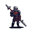 A pixel art knight stands ready in full plate armor, wielding a red-shafted polearm. The dark palette and rigid pose create a serious and imposing figure, evoking a sense of preparedness for battle.