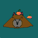 A pixelated capybara patiently balances a citrus fruit on its head, while another sits nearby. This charming image features a simple color palette and a touch of whimsical humor.