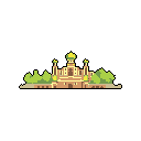 This pixel art showcases a grand, multi-domed building, like a palace or cathedral, with simplified trees flanking its sides. The earthy color palette and classic style evoke a sense of stillness and architectural significance.