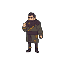 A pixel art image showcases a contemplative, dark-haired man in medieval-inspired attire, gesturing thoughtfully against a stark black background. His detailed design and muted color palette create an enigmatic and grounded aesthetic.