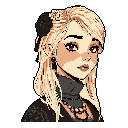 This pixel art portrait captures a fair-skinned young woman with long blonde hair and dark, elegant accessories, conveying a sense of quiet introspection. Her dark attire and jewelry stand out against her delicate features, creating a sophisticated and slightly melancholic mood. The limited color palette and subtle details enhance the overall sense of refined simplicity.
