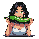 A stylized pixel art woman playfully poses against a black background, holding a comically large cucumber or zucchini across her lower face. The image evokes a modern and slightly suggestive vibe with vibrant colors and anime-inspired features.