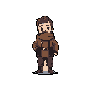 A pixel art portrait depicts a weary-looking man with a mustache and beard, warmly dressed in a brown jacket and scarf. Set against a stark black void, the character's muted colors and melancholic expression evoke a sense of introspection.