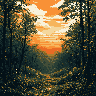 This pixel art captures a tranquil forest scene, framing a vibrant sunrise or sunset through a natural archway of trees. The contrasting warm sky and cool foliage create a peaceful, dreamlike atmosphere.