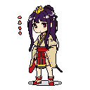 A pixel art portrait showcases a contemplative young woman with dark purple hair, adorned in a stylized kimono and red accents, holding a small fan. Four red stars float beside her head, adding a touch of whimsy to the otherwise muted and isolated presentation.