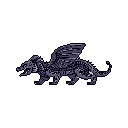 A pixelated winged dragon, rendered in shades of purple and grey, stands out against a stark black background. The creature's detailed form and sharp features evoke a sense of dark fantasy and ancient mythology, reminiscent of classic video game sprites.