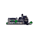 This pixel art showcases a sophisticated architectural complex with Tudor or Gothic revival influences, featuring intricate timber framing and a prominent spire. The subdued color palette and isolated presentation evoke a sense of quiet dignity and historical mystery.