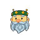 This pixel art portrait features a wise, elderly man with a flowing blue-grey beard and a star-studded green cap. The whimsical bust exudes a cheerful, nostalgic vibe with its vibrant colors and classic video game aesthetic.