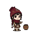 A cute, chibi-style girl stands beside a small barrel, rendered in charming pixel art.