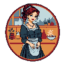 This pixel art portrait showcases a welcoming maid with a warm smile, holding her apron in a cozy kitchen setting. Her detailed reddish-brown hair and delicate accessories add to the image's charming, nostalgic feel.