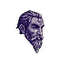 This pixel art portrait depicts a stern, bearded man with a distinctive symbol on his forehead, rendered in shades of purple and grey. His intense gaze and meticulous pixel detail evoke a sense of thoughtful wisdom and old-school RPG character design.