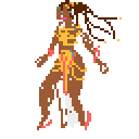 This vibrant pixel art depicts a dynamic female character in tribal-inspired attire, possibly singing or speaking with an energetic pose. Her detailed design features yellow beaded braids, colorful bands, and a flowing pink garment.