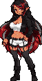This pixel art features a confident, dark-skinned woman with striking red eyes and a dynamic red-lined coat. Her pose and attire suggest a rebellious energy, creating a visually striking and modern character sprite.