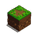 This pixel art depicts a solitary, isometric block of earth and grass, meticulously detailed with varying shades of green and brown to showcase its soil and rocky formations. The block's simple, iconic design evokes a sense of fundamental building blocks in a digital world.