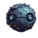 This pixel art showcases a meticulously crafted, segmented orb, a futuristic device radiating power with glowing orange vents and light blue energy sources. Isolated against a black void, the object's intricate metallic details evoke a sense of advanced technology and mysterious potential.