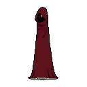 A cloaked, spectral figure with glowing yellow eyes stands silhouetted against the darkness, exuding an aura of mystery and stoic power. The minimalist pixel art evokes a sense of the unknown with its dark red robe and piercing gaze.