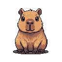 This charming pixel art depicts a cute, seated capybara with a gentle gaze, its soft fur texture implied through varying shades of brown. The simple, yet heartwarming image captures the animal's peaceful and approachable nature.