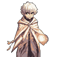 A young, anime-styled mage with pale hair holds a glowing orb in his outstretched hand, his expression hinting at both vulnerability and quiet power. The ethereal light emanating from the orb contrasts with the dark background, drawing focus to the subtle magic he wields.