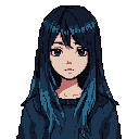 This pixel art bust features a young woman with a melancholic gaze, her muted color palette and subtly slumped posture conveying a sense of quiet introspection. The character's dark eyes and simple expression evoke a feeling of calm sadness and the focus is solely on the character against a black background.
