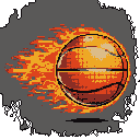 A pixelated basketball blazes across the screen, engulfed in vibrant flames that convey intense speed and power. The fiery trail, rendered in warm oranges and yellows, creates a dynamic sense of motion against the dark background. It's a retro-styled depiction of action and energy.