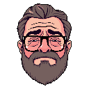 This pixel art portrait captures a weary, introspective man with a full beard and glasses against a stark black backdrop. The muted palette and careful shading create a surprisingly detailed and evocative image.