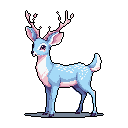 A serene, light blue pixel art deer with blossoming pink antlers stands gracefully against a stark black backdrop. The magical creature exudes innocence and whimsy with its gentle expression and ethereal design.