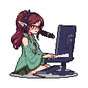 A pixelated elf-like woman with auburn hair intensely focuses on her computer, headset on and bare feet visible, immersed in her digital world.