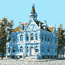 This pixel art showcases a grand, blue-hued mansion with intricate architectural details under a clear sky. The ornate building, complete with spires and decorative friezes, evokes a sense of serene grandeur and nostalgic beauty.