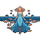 A majestic, cyan-clad figure stands serenely amidst surreal, floating objects in this pixel art piece. The enigmatic woman's flowing gown and statuesque pose evoke a sense of weightlessness and ethereal beauty.
