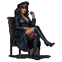 This pixel art depicts a confident, eyepatch-wearing woman in dark attire, seated with a smirk and an air of mystery. Her poised posture and intriguing details suggest a femme fatale or spy character, enhanced by the stark black background.