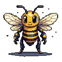 A charming pixel art bee stands confidently with its large eyes, subtle smile, and classic black and yellow stripes. Its delicate wings and stout limbs give it a cute and energetic vibe against a stark black background.