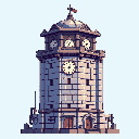 This pixel art showcases a majestic and detailed clock tower, rendered in muted earth tones, standing tall and timeless. The intricate architecture, highlighted by subtle shading, evokes a sense of quiet grandeur.