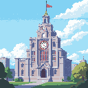 This pixel art showcases a stately clock tower or university hall, complete with intricate architectural details and a prominent clock face. The building is topped with a spire and red flag, evoking a sense of historical grandeur.