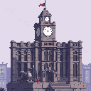 This pixel art depicts a grand, gothic-revival building, possibly a courthouse, featuring a prominent clock tower with four faces all reading around 10:10. A small, dark flag with a red stripe flies atop the tower, lending an air of quiet dignity to the scene.